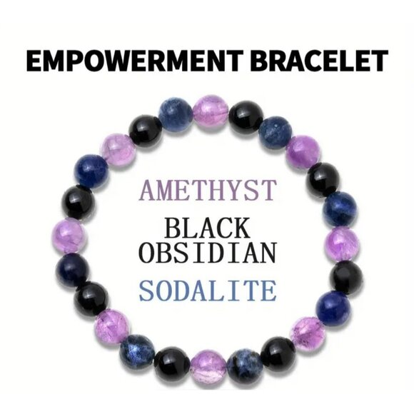 Amethyst, Black Obsidian & Sodalite Gemstone Bracelet – 8mm Round Beads - Picture 1 of 5